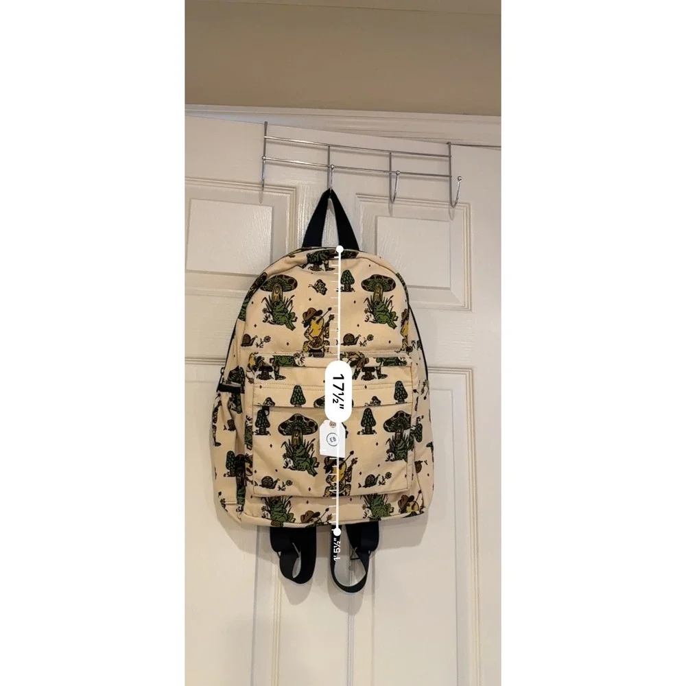 Frog Mushroom Canvas Backpack Cream Tan School Bag NEW